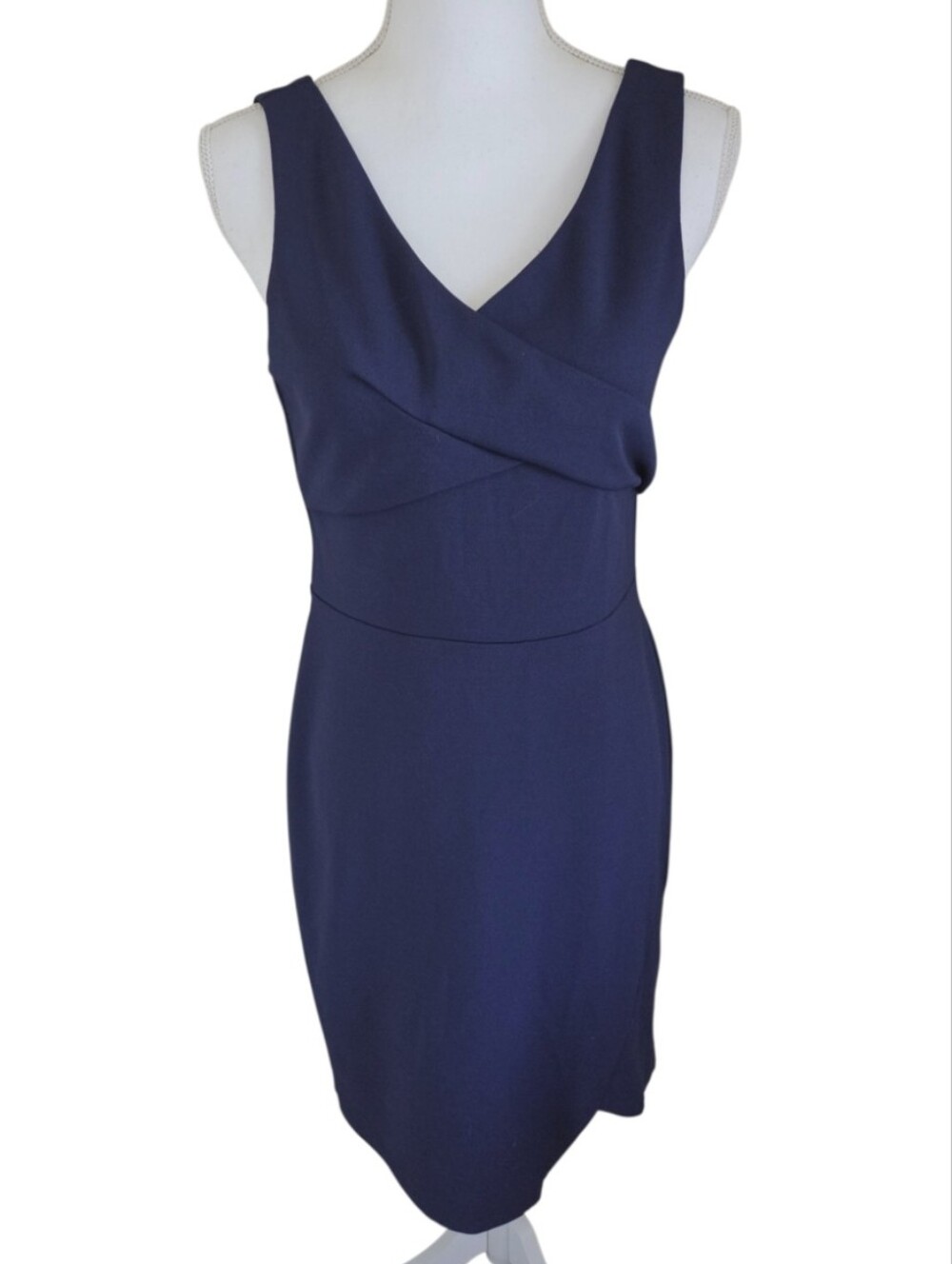 bebe dress 10 navy blue surplice v neck sleeveless stretch sheath cocktail midi